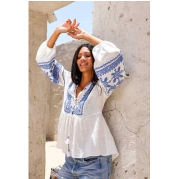 SCARLETT POPPIES Naxos Emroidered Balloon Sleeve Bohemiam Top Blouse Size XS - Picture 1 of 13